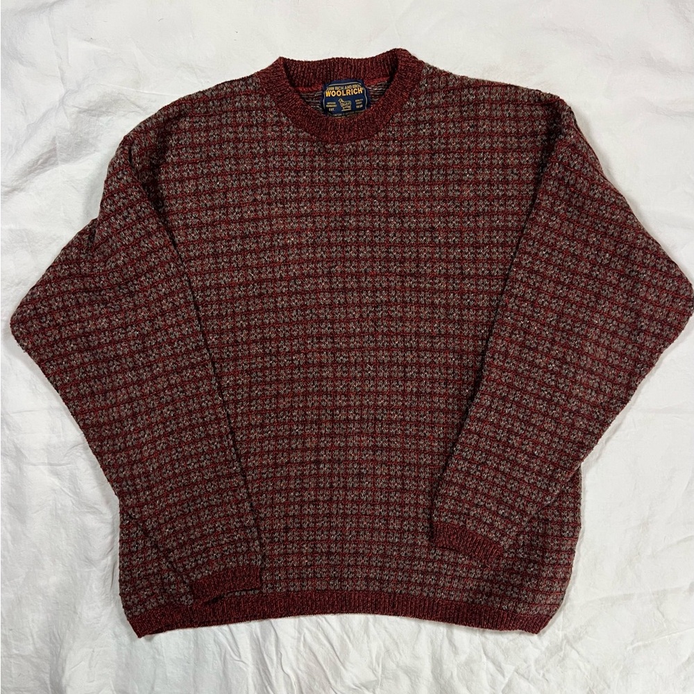 Vintage Woolrich Sweater Men L Maroon Light Grey Textured Knit Crewneck USA